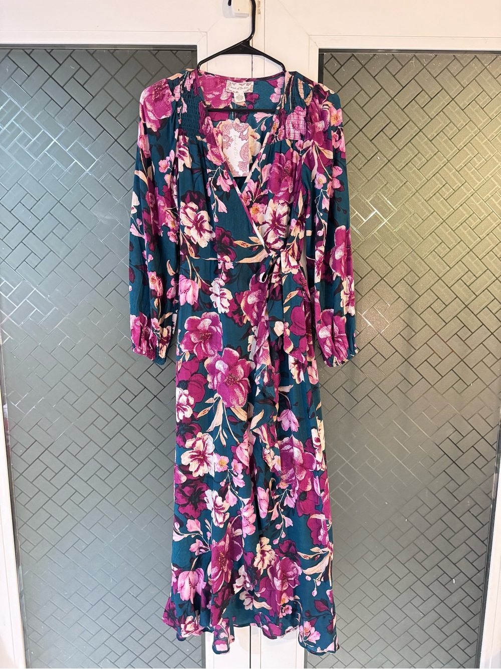 Teal Floral Midi Wrap Dress with Pink Blooms